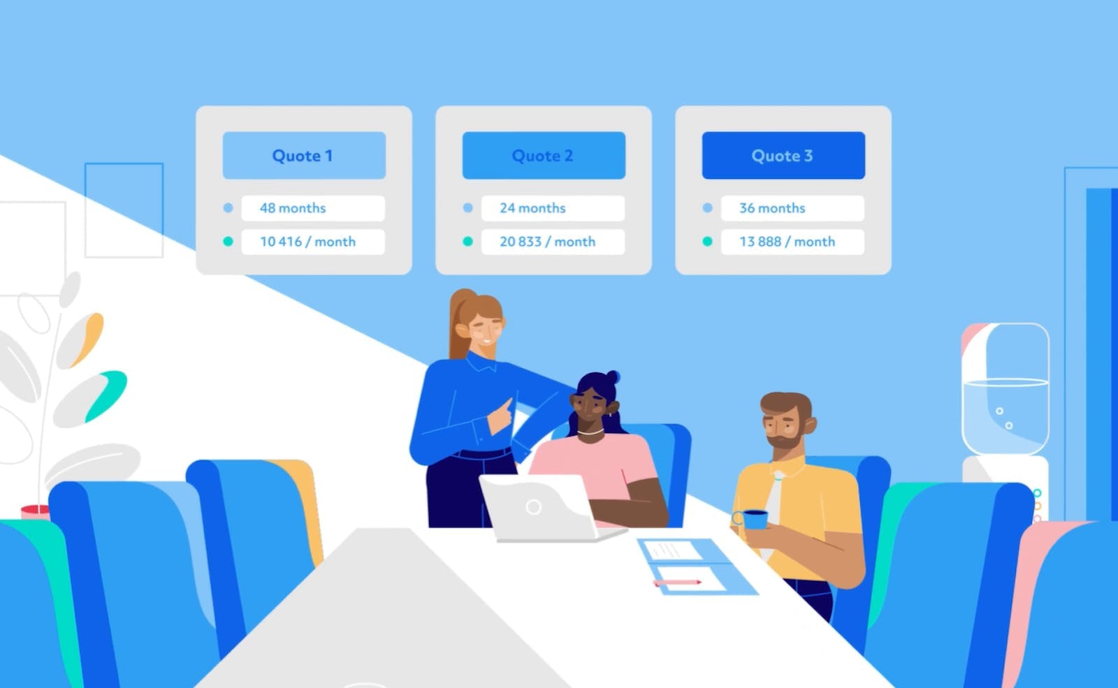 Illustration of 3 people sitting around a desk in and office reviewing 3 simple quotations