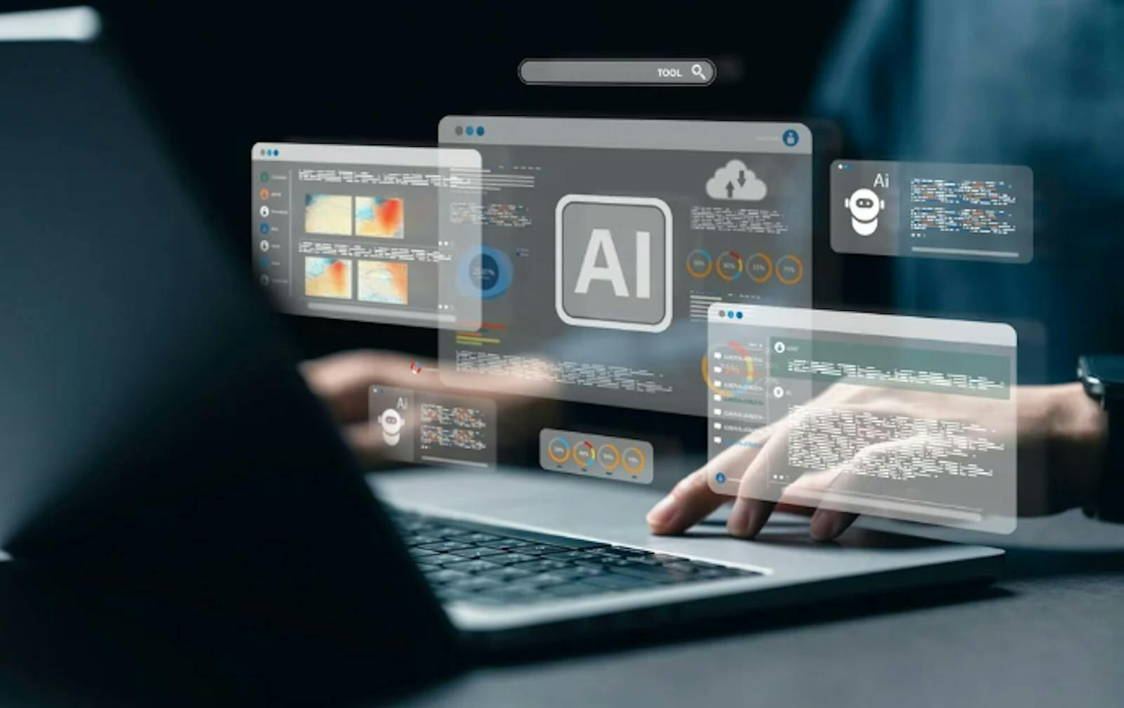 Conceptual image of artificial intelligence with various screens hovering around a laptop with AI in the centre